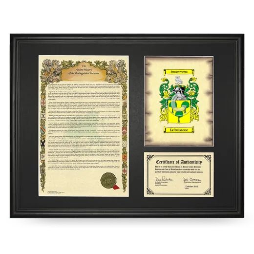 Le buissone Framed Surname History and Coat of Arms - Black